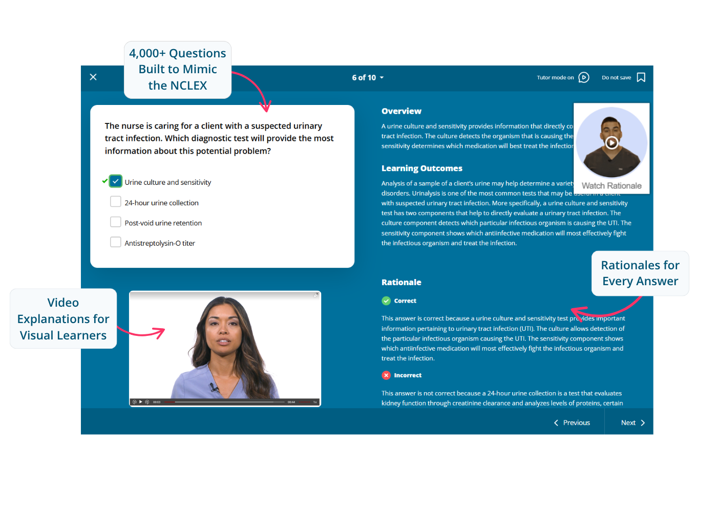 Practice question screen showing answer rationales and a video explanation